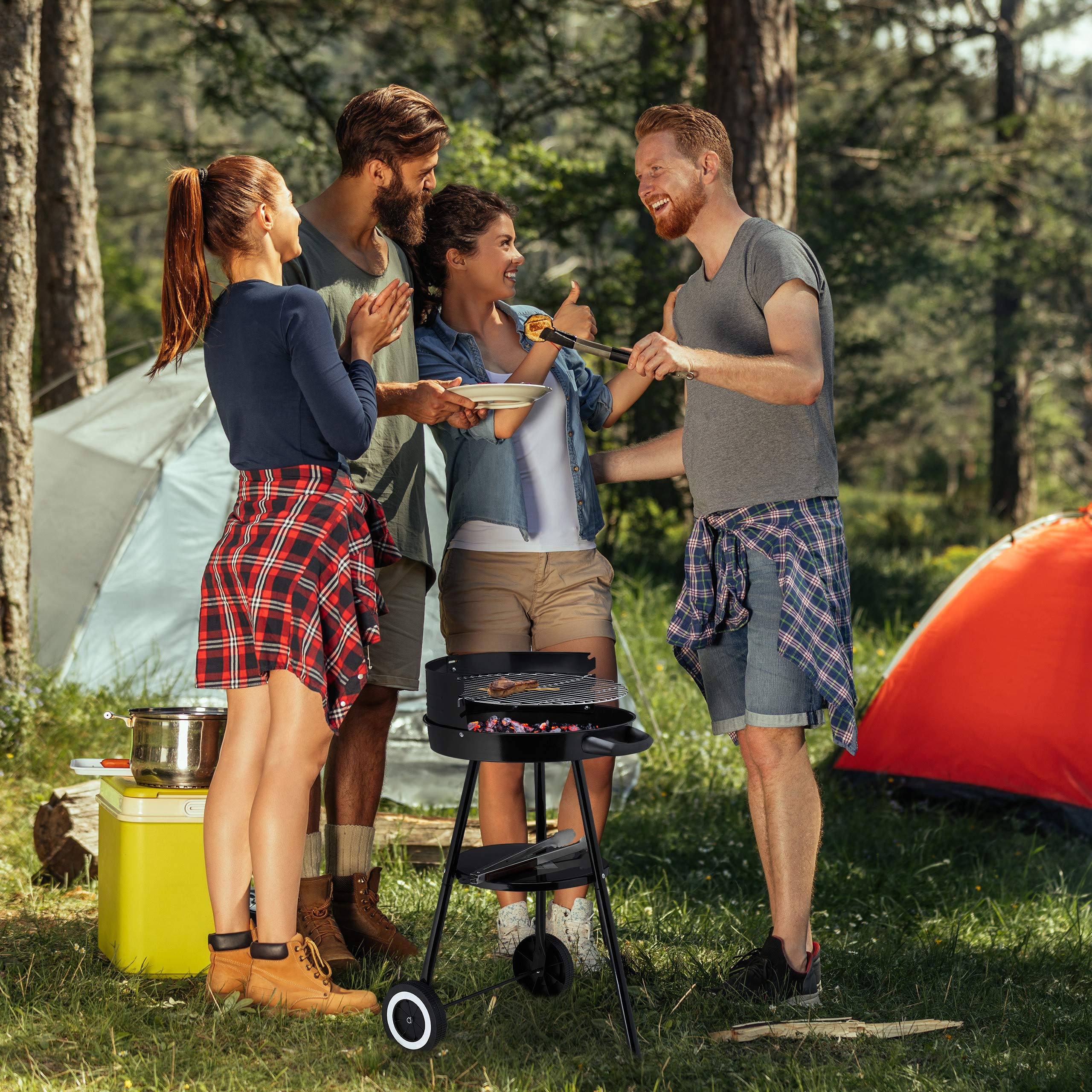 relaxdays-holzkohlegrill-rundgrill-39-5-cm-mit-ablage-rollen-und-windschutz image 2