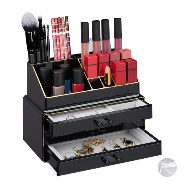 relaxdays-make-up-organizer-2-teilig-mit-schmuckk-stchen-3-schubladen-schwarz-go image 1