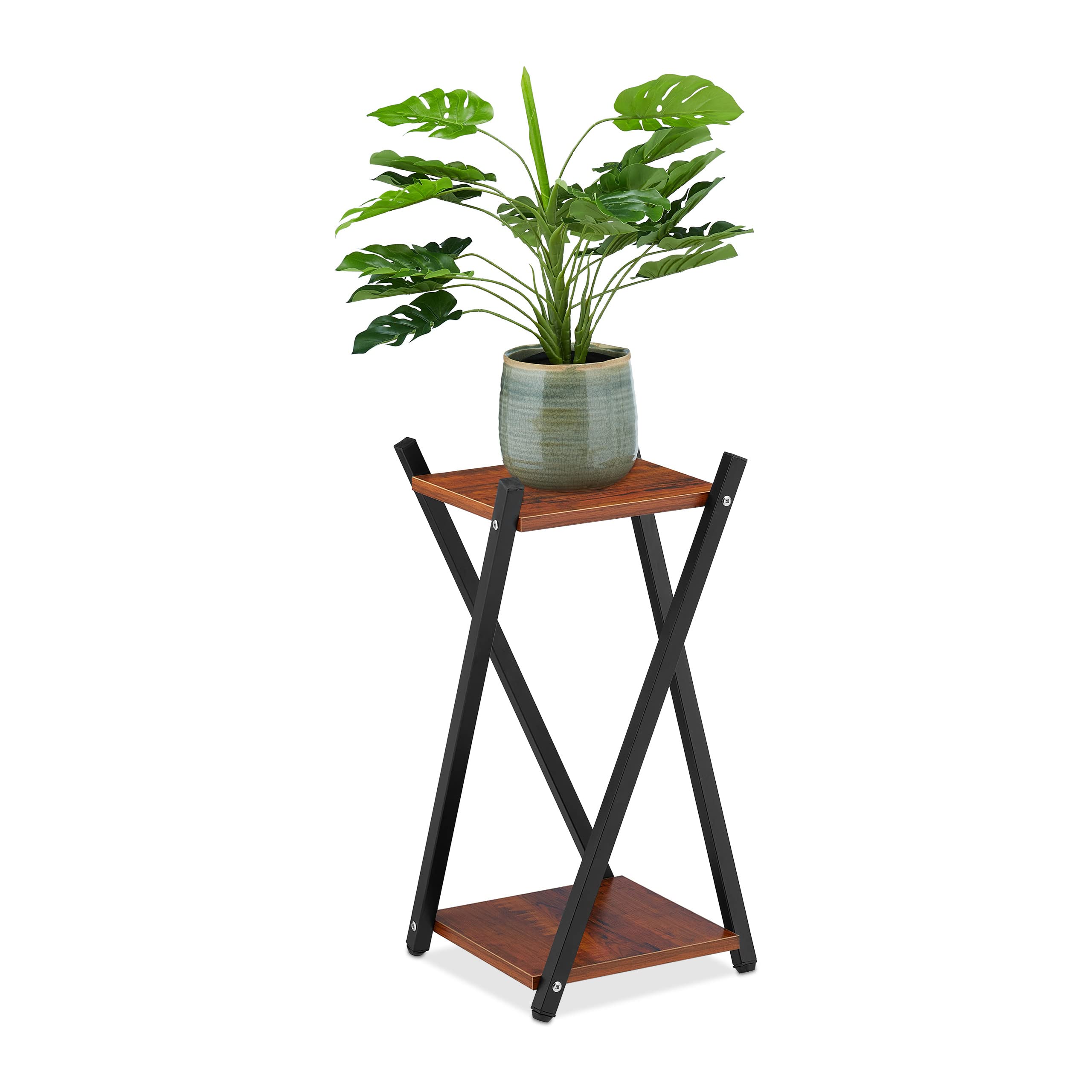 relaxdays-blumenst-nder-2-etagen-metall-mdf-schwarz-dunkelbraun-57-cm image 1