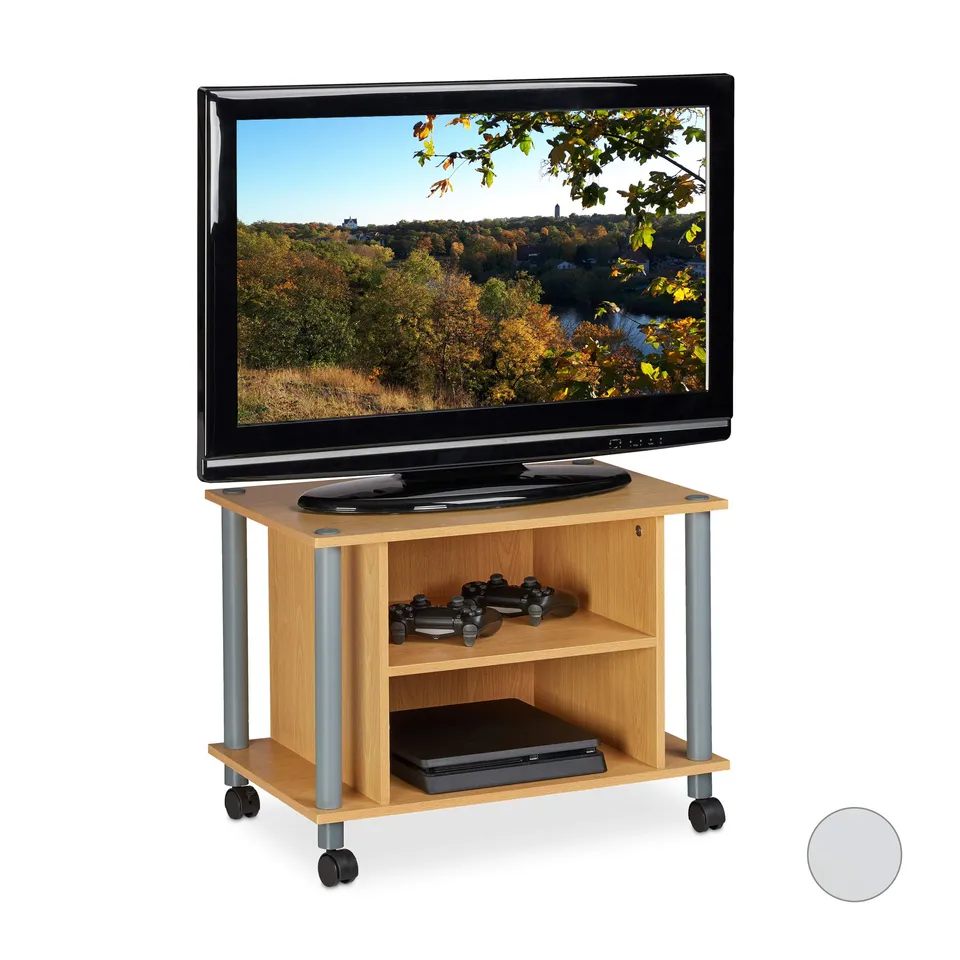 relaxdays-tv-tisch-mit-rollen-2-f-cher-fahrbarer-fernsehtisch-holzoptik-45-x-60- image 1