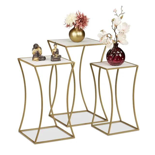 relaxdays-blumenhocker-3er-set-quadratische-pflanzenst-nder-metall-mdf-wei-gold image 1