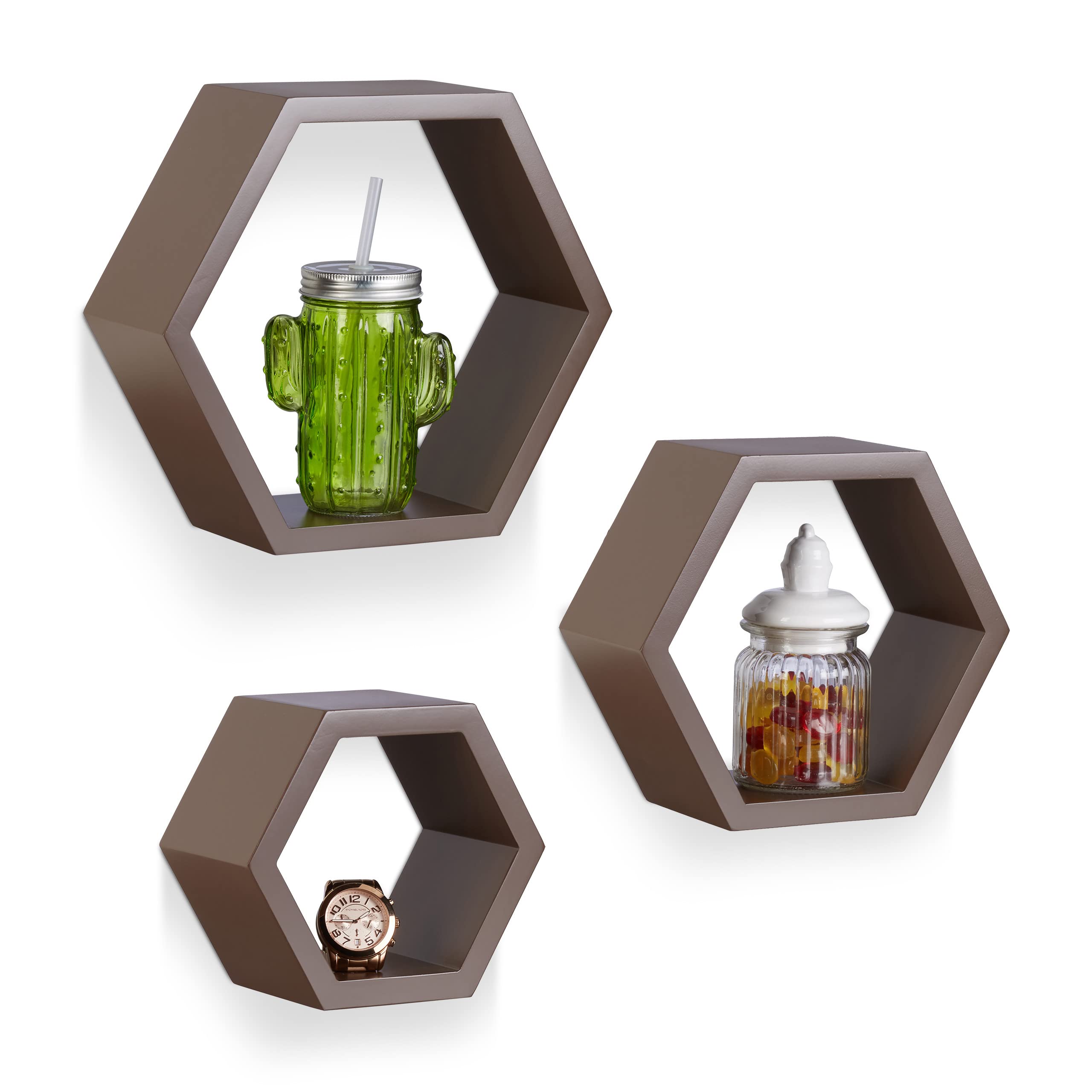 relaxdays-wandregale-sechseckig-3er-set-mdf-braun image 1