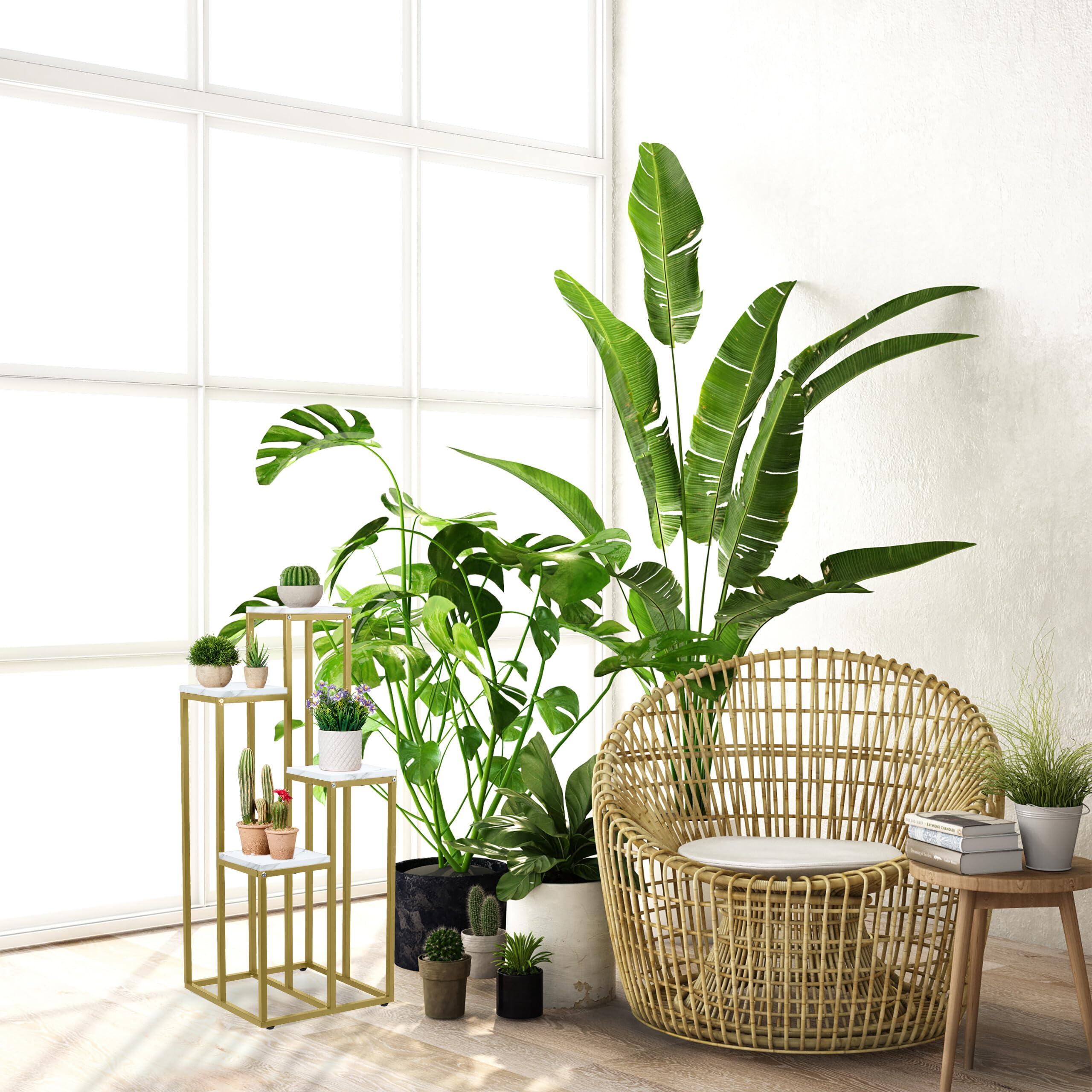 relaxdays-blumentreppe-4-ablagen-100x40x40cm-gold-wei image 3