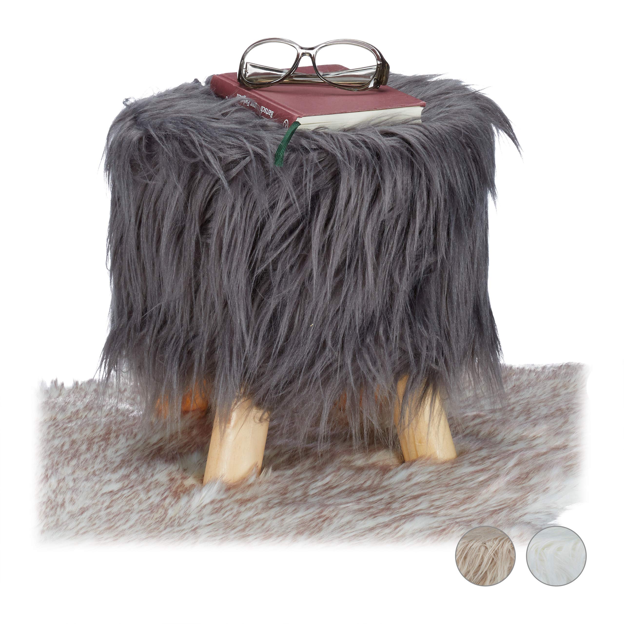 relaxdays-fell-hocker-rund-grau-mit-4-holzbeinen image 1