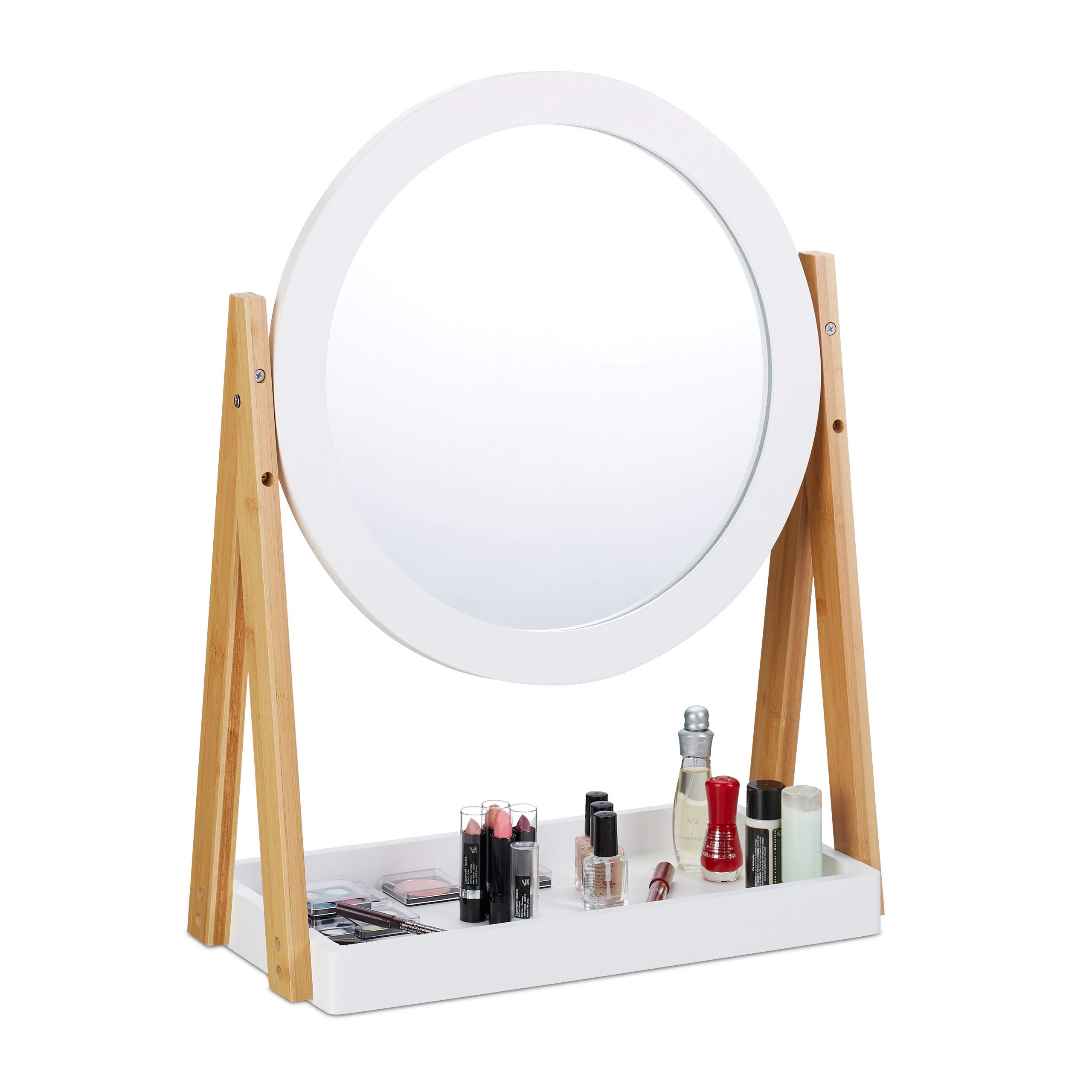 relaxdays-kosmetikspiegel-schwenkbar-bambus-mdf-wei-natur-32-5-cm image 1