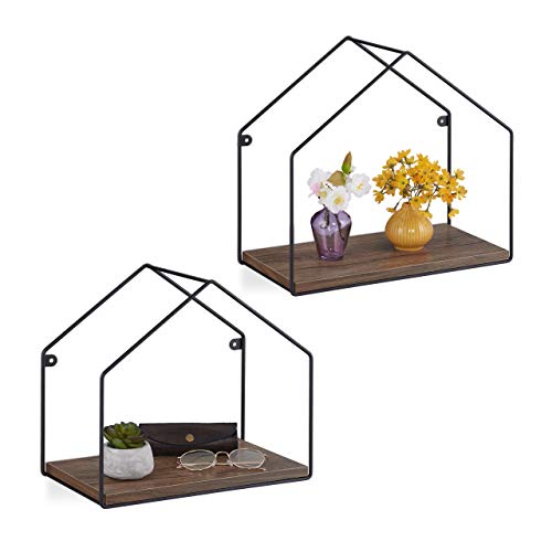 relaxdays-wandregal-hausform-2er-set-schwebend-metall-holzoptik-braun-schwarz image 8