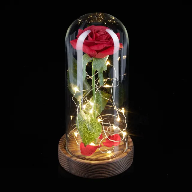 relaxdays-ewige-rose-mit-lichterkette-in-glaskuppel-rot-22x11-cm image 1