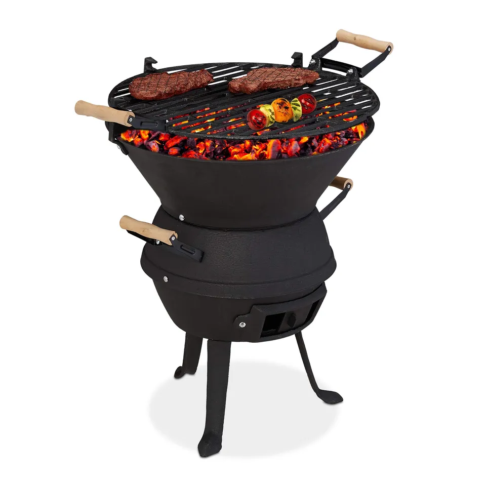relaxdays-grillfass-holzkohlegrill-gusseisen-grill-mit-grillrost-37-cm-h-henvers image 1
