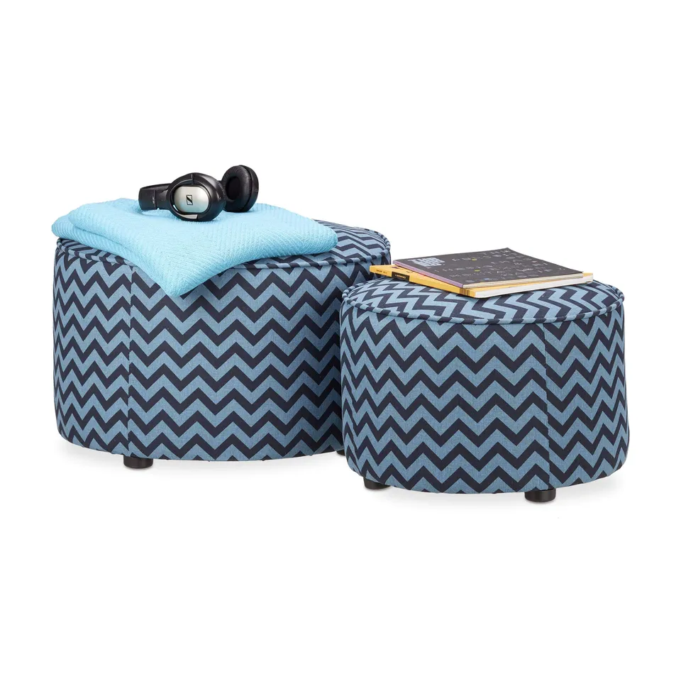 relaxdays-sitzhocker-2er-set-rund-pouf-blau-schwarz-gemustert image 1