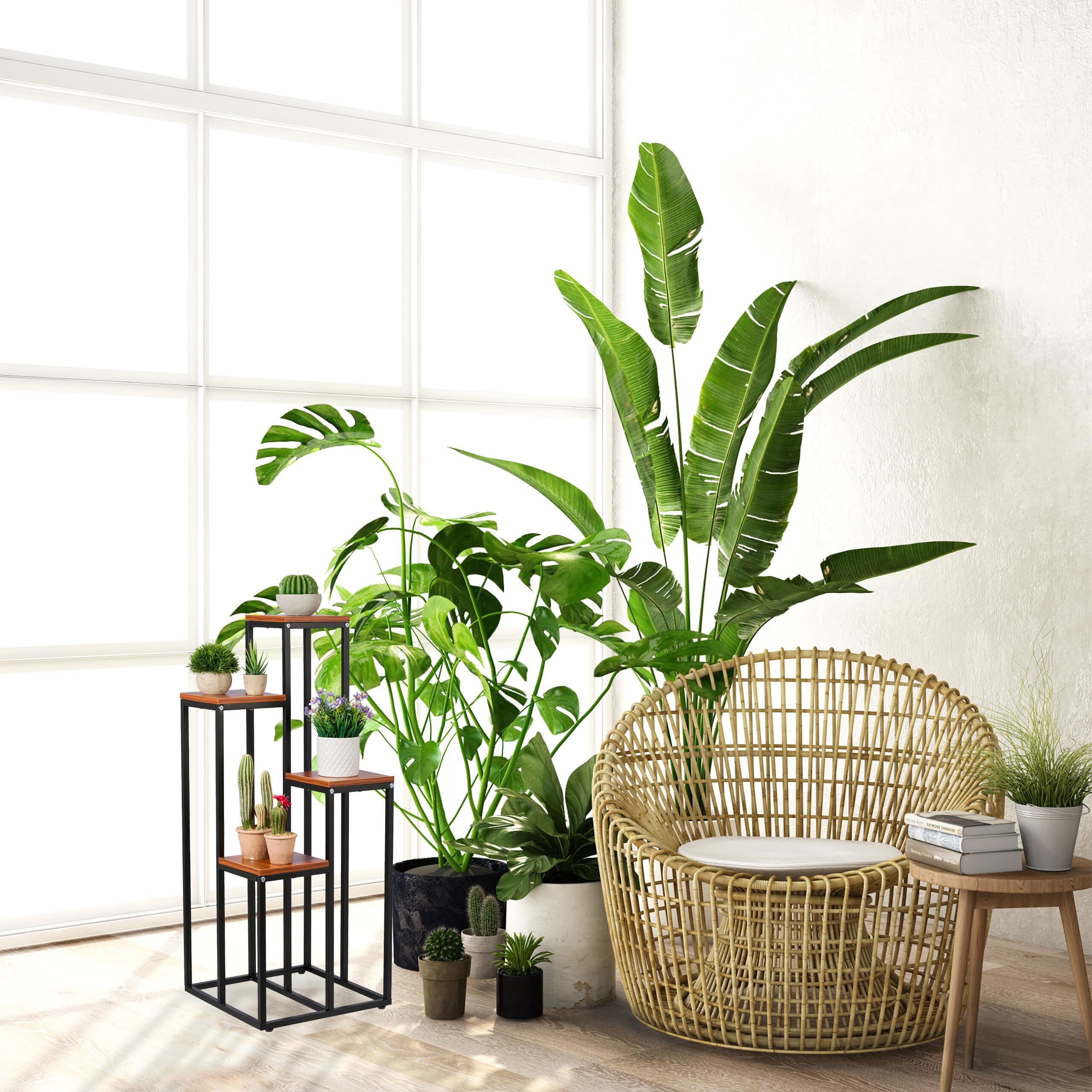 relaxdays-blumentreppe-4-ablagen-schwarz-braun-stahl-mdf-100x40x40-cm image 3