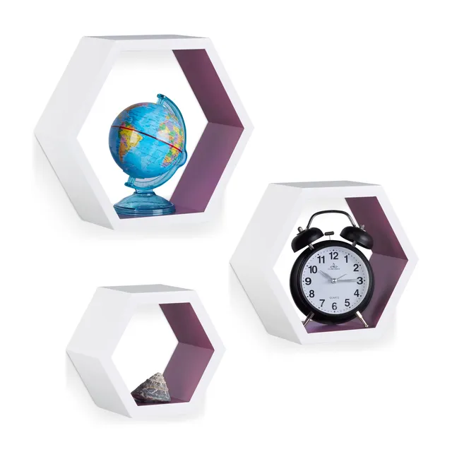 relaxdays-wandregale-sechseckig-3er-set-mdf-wei-lila image 1
