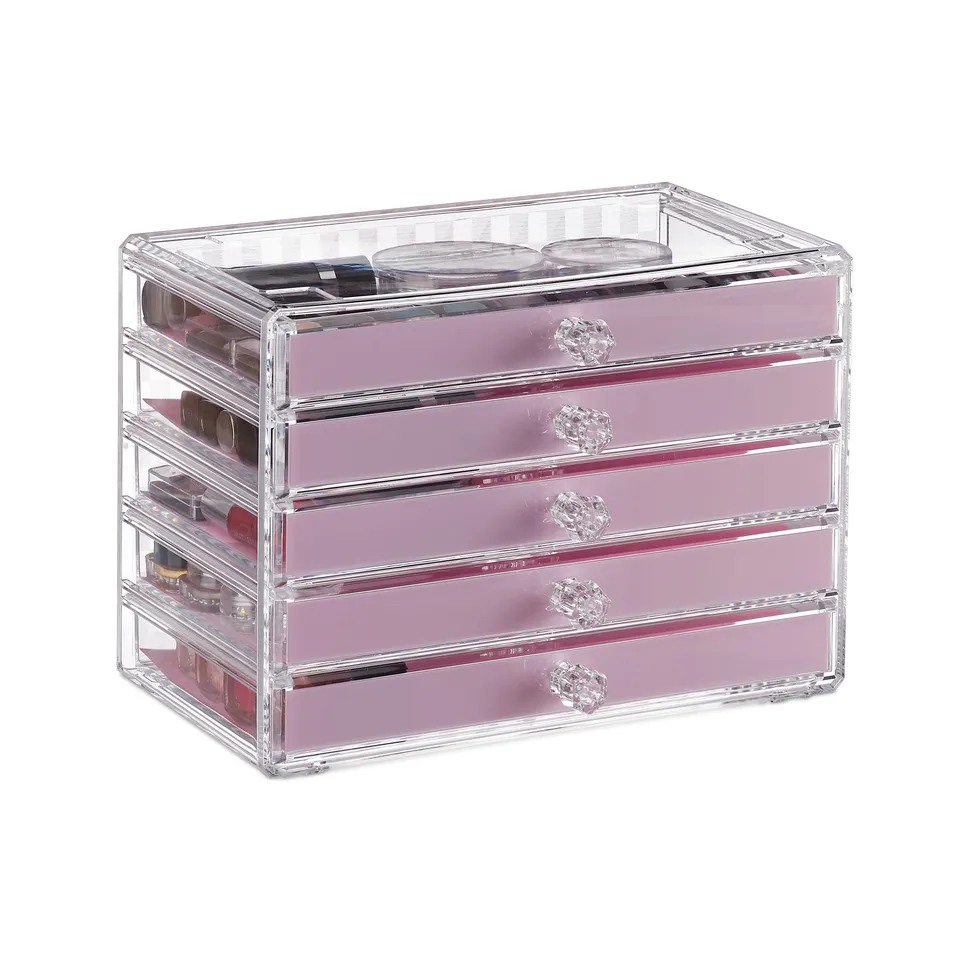 relaxdays-kosmetik-organizer-acryl-rosa-5-schubladen-mit-einlegern image 1