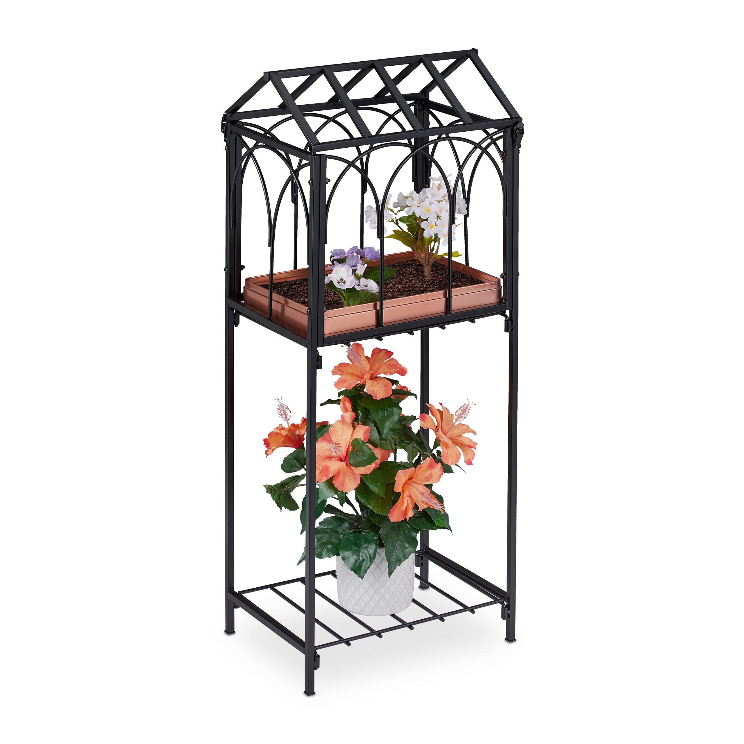 relaxdays-blumenregal-metall-mit-dach-2-ablagen-82x33-5x23-5-cm-schwarz image 1