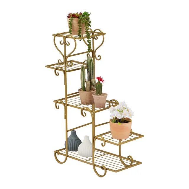 relaxdays-blumenregal-metall-vintage-gold-blumentreppe-75x56x23-cm-mit-5-ablagen image 1