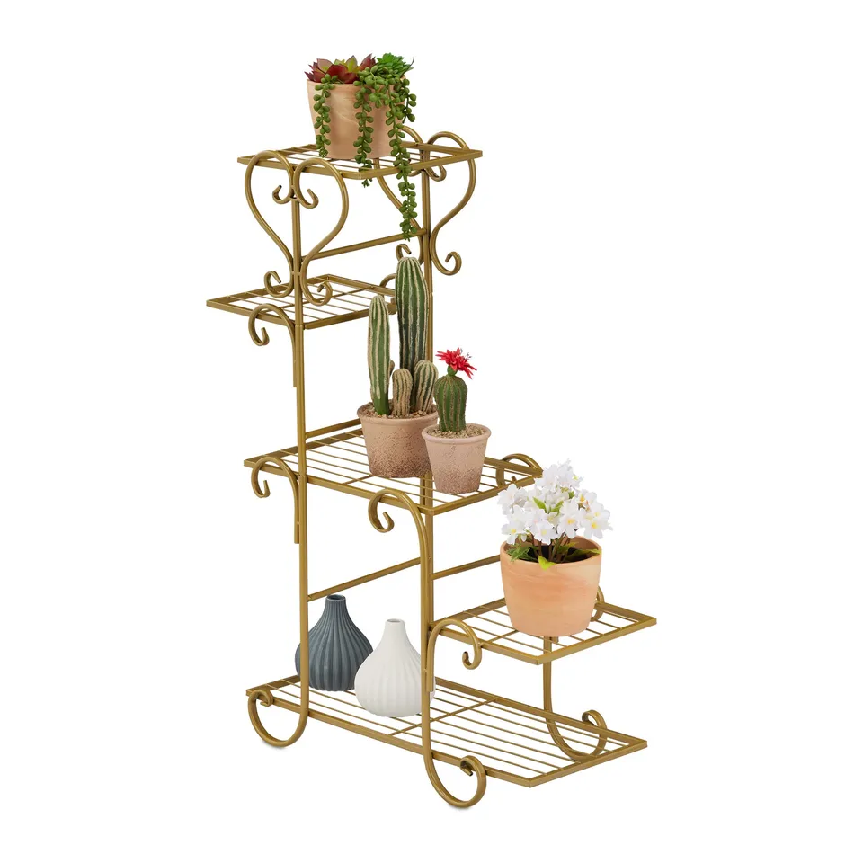 relaxdays-blumenregal-metall-vintage-gold-blumentreppe-75x56x23-cm-mit-5-ablagen image 1