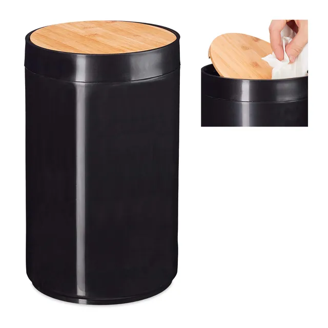 relaxdays-kosmetikeimer-bambus-schwingdeckel-5-5-l-schwarz image 1