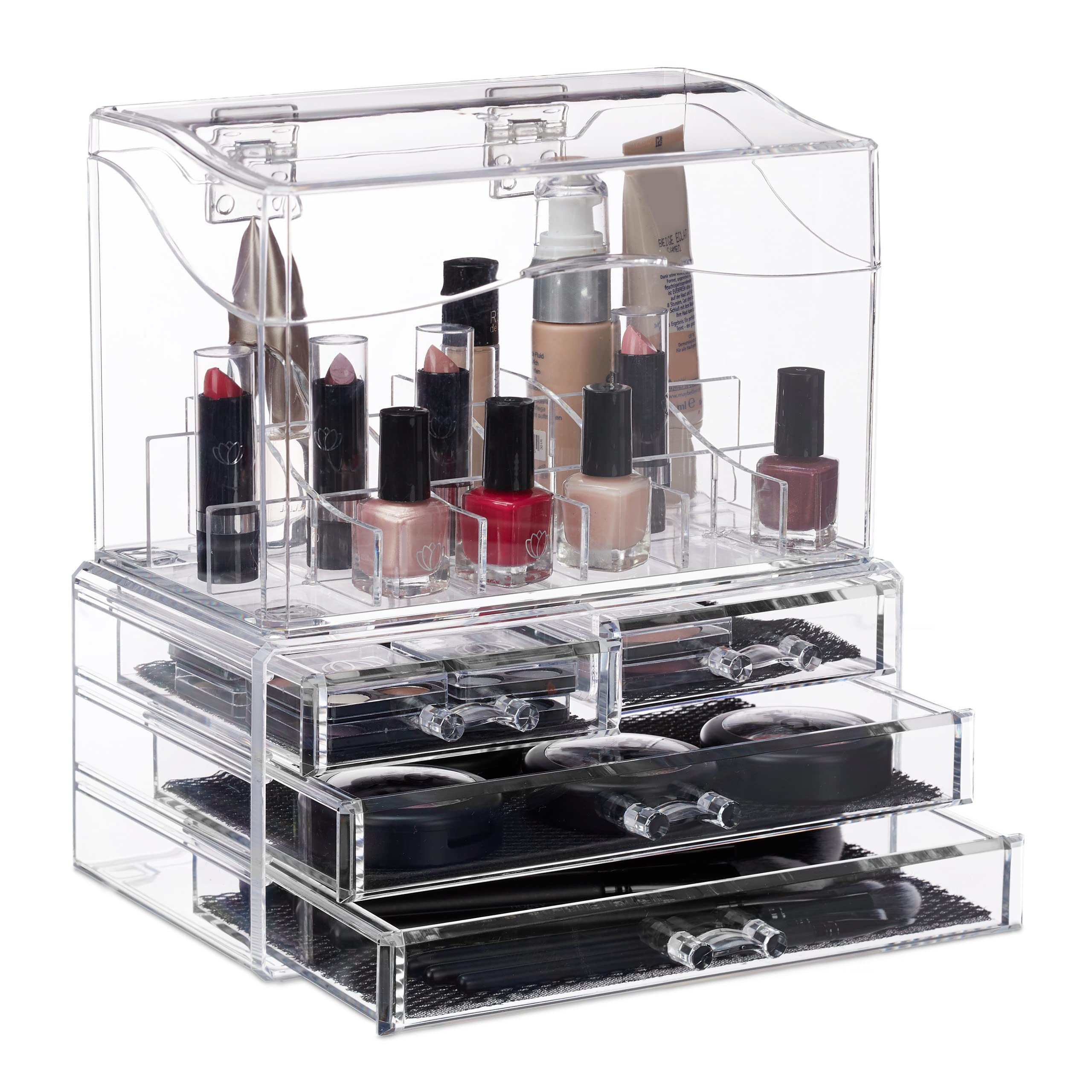 relaxdays-make-up-organizer-acryl-mit-4-schubladen-und-deckel-transparent image 1