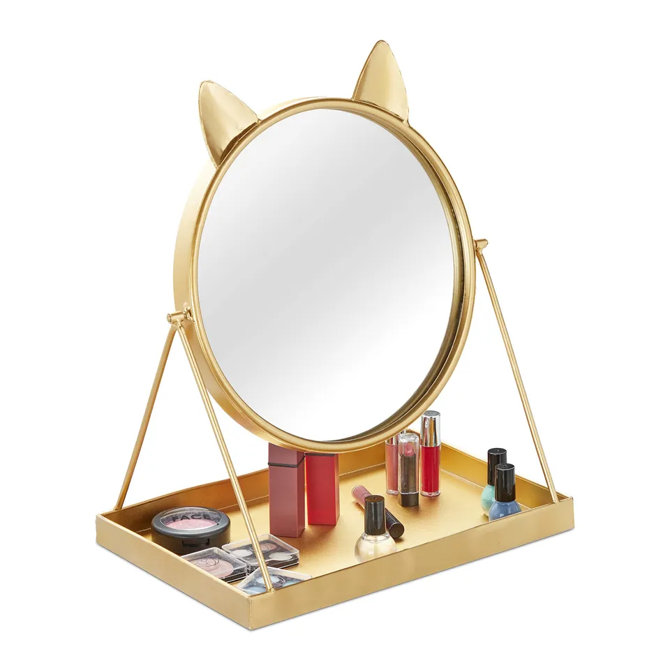 relaxdays-kosmetikspiegel-mit-ablage-24-cm-360-drehbar-metall-katzenohren-gold image 1
