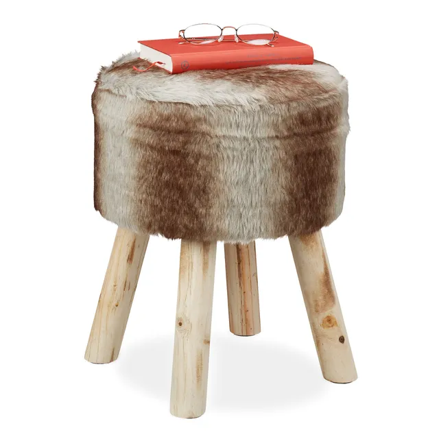 relaxdays-fellhocker-rund-42x33-cm-sitzhocker-kunstfell-holzbeine-grau-braun image 1