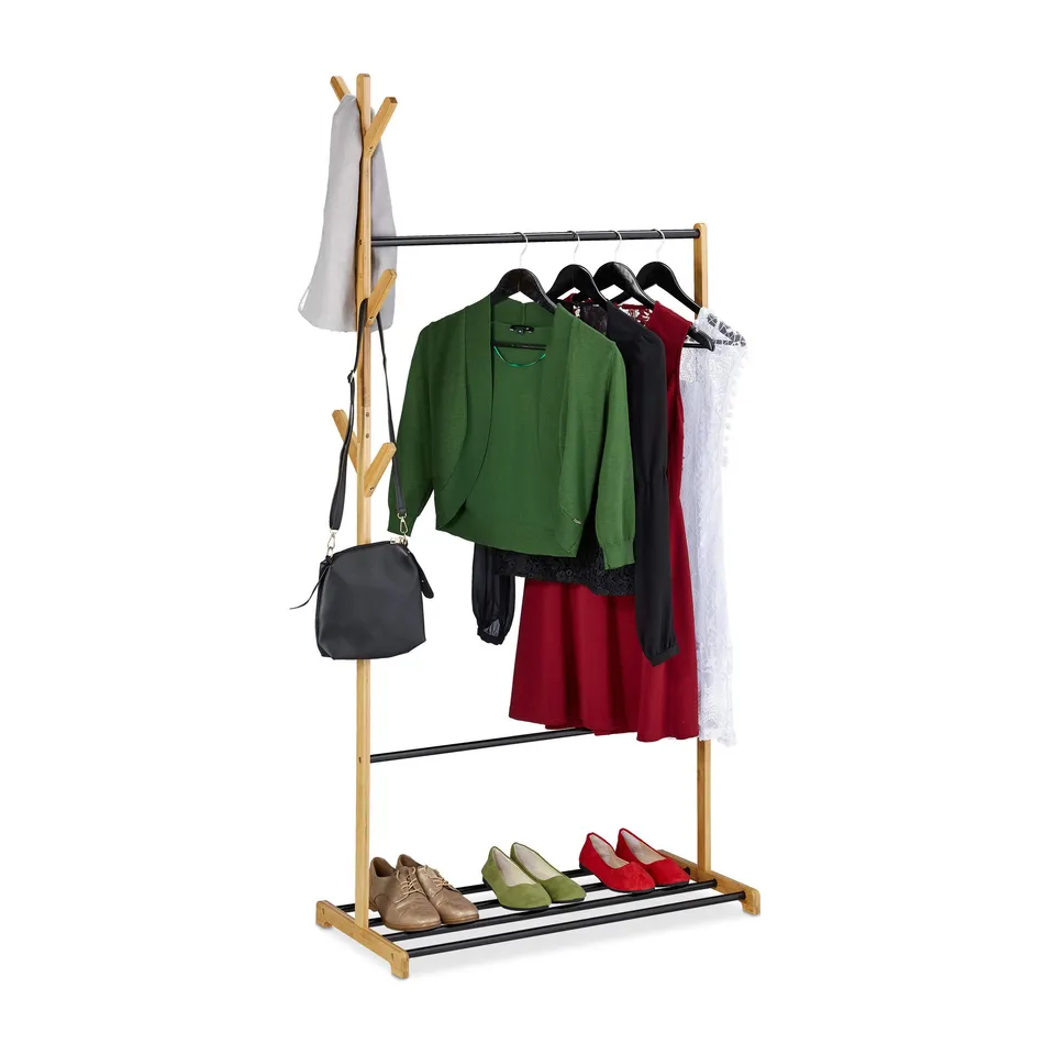 relaxdays-kleiderst-nder-bambus-metall-mit-schuhablage-6-haken-168x80x38-cm image 1