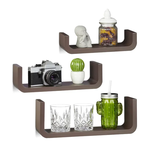 relaxdays-wandregal-3er-set-u-form-braun-holz-regalbretter-10-cm-tief image 1