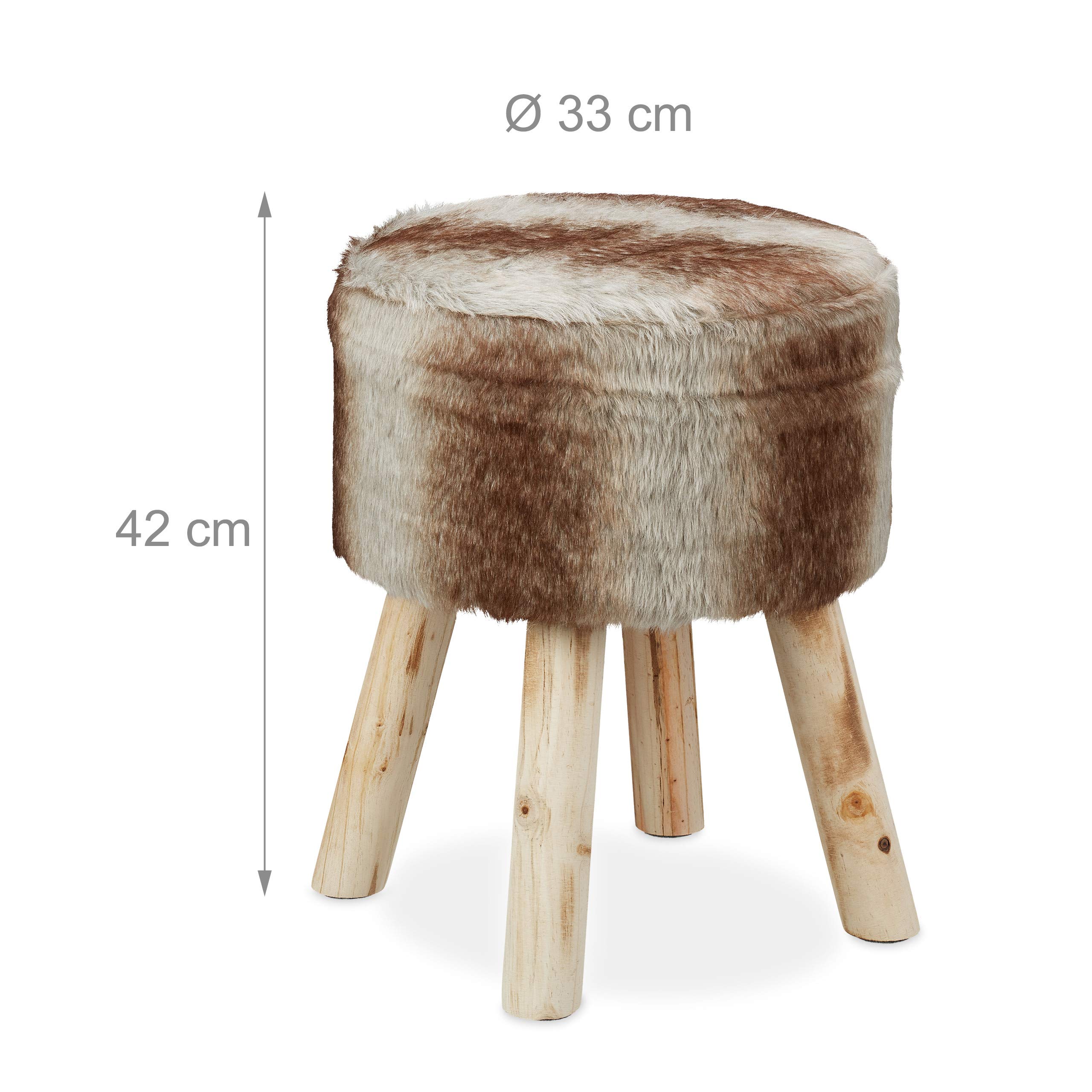 relaxdays-fellhocker-rund-42x33-cm-sitzhocker-kunstfell-holzbeine-grau-braun image 3