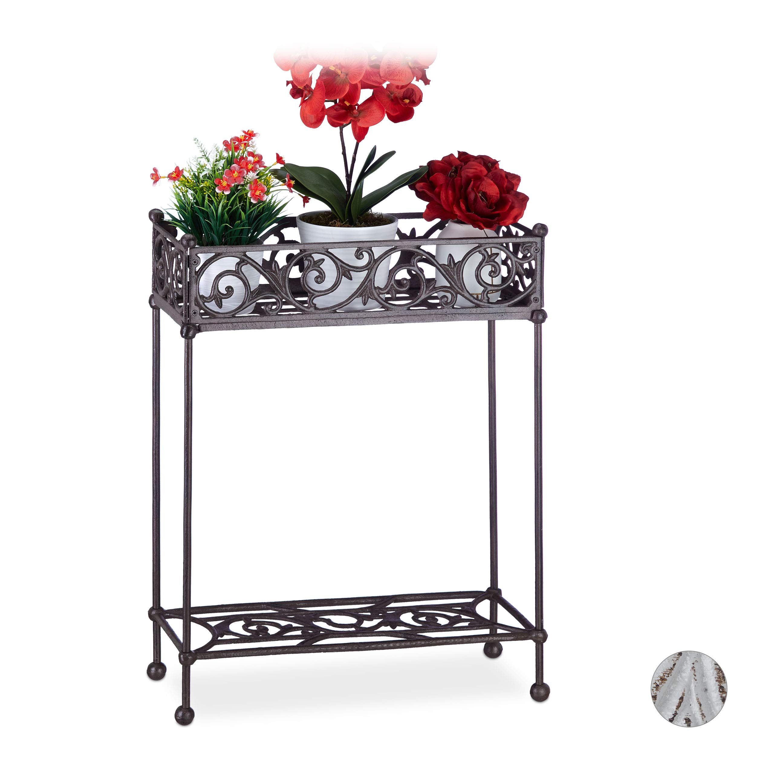 relaxdays-blumenregal-gusseisen-2-ablagen-72x53x22-cm-braun image 1
