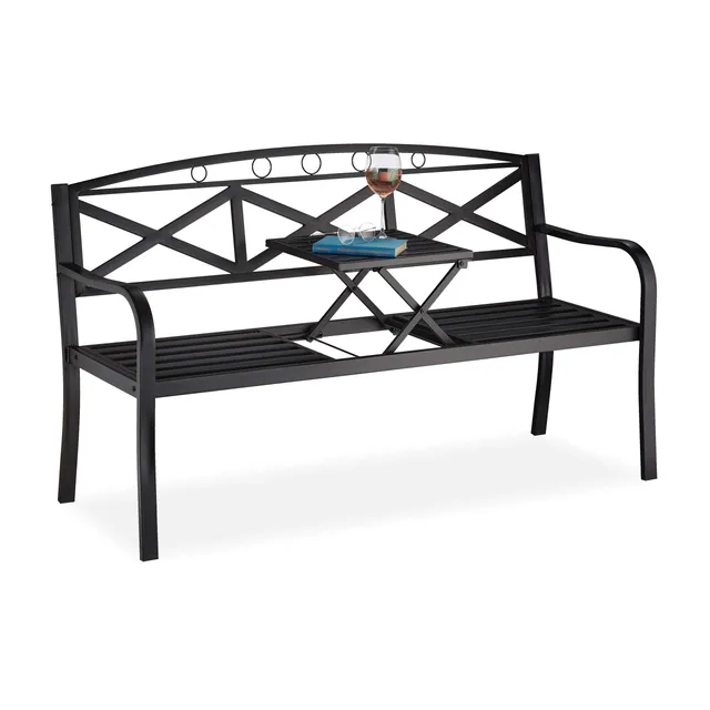 relaxdays-gartenbank-metall-3-sitzer-mit-klappbarem-tisch-150-cm-schwarz image 1