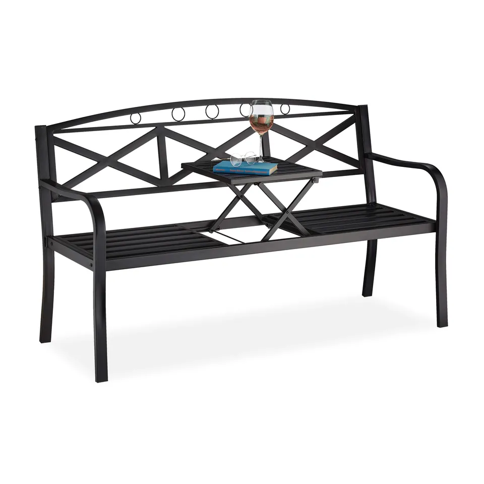 relaxdays-gartenbank-metall-3-sitzer-mit-klappbarem-tisch-150-cm-schwarz image 1