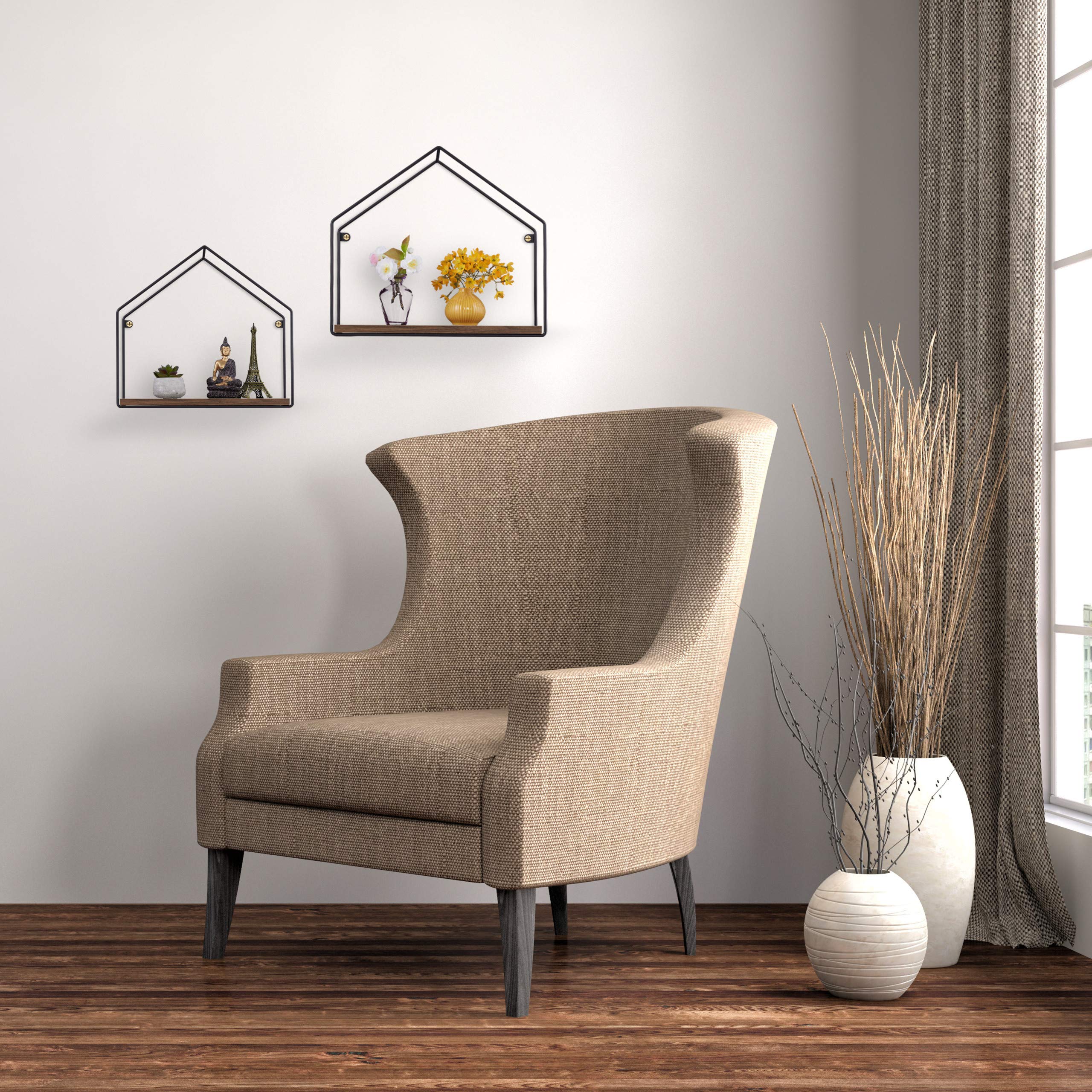 relaxdays-wandregal-hausform-2er-set-schwebend-metall-holzoptik-braun-schwarz image 3