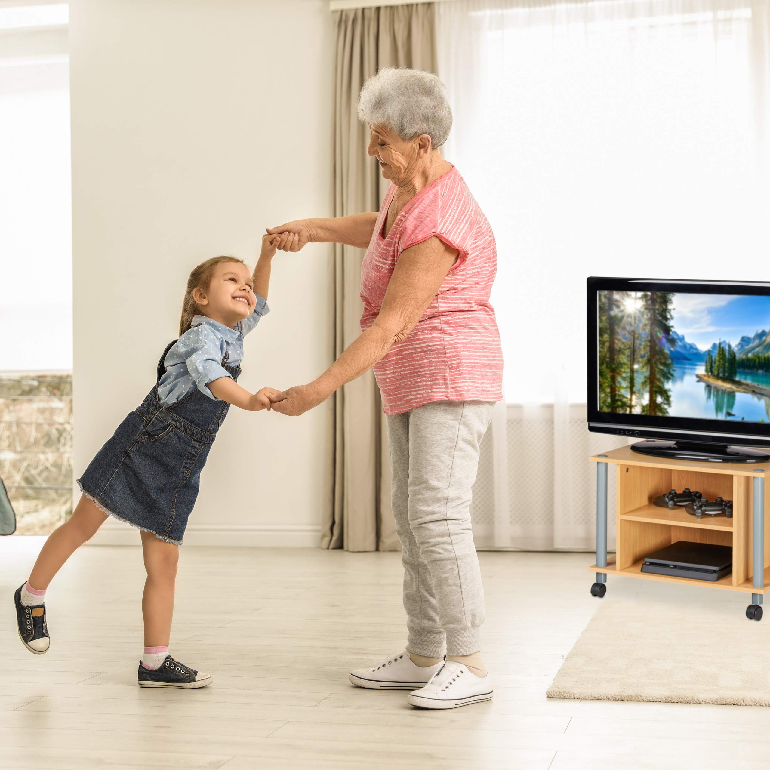 relaxdays-tv-tisch-mit-rollen-2-f-cher-fahrbarer-fernsehtisch-holzoptik-45-x-60- image 2