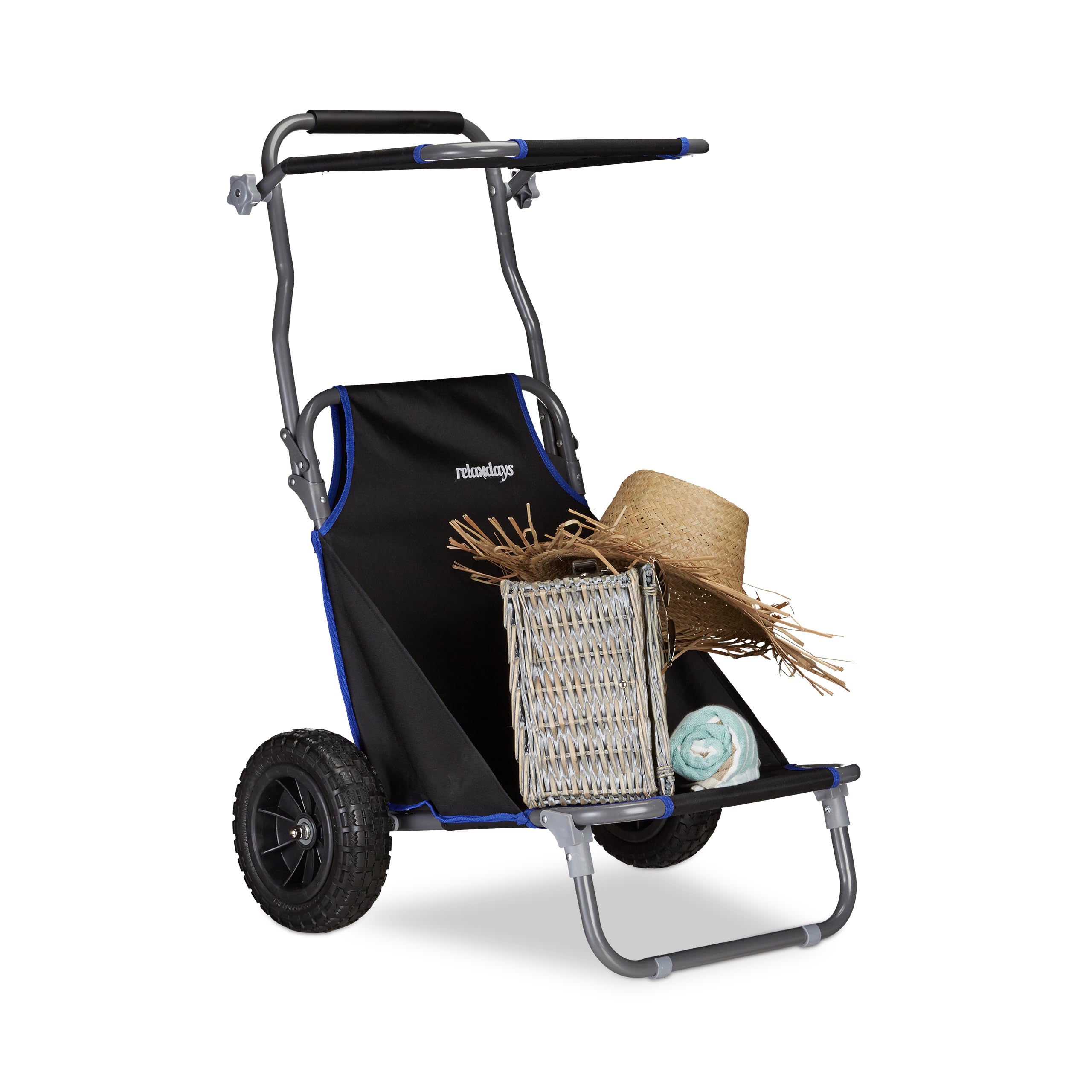 relaxdays-strandwagen-faltbar-2in1-mit-strandstuhl-sonnendach-61x65x102-cm-schwa image 1