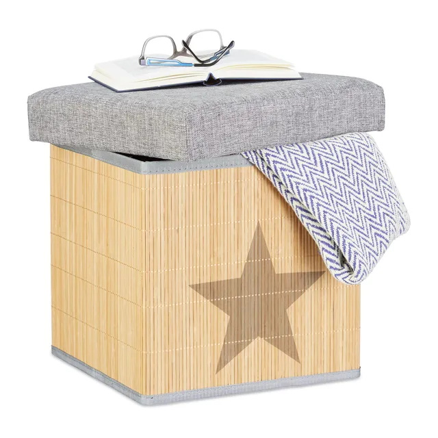 relaxdays-sitzhocker-faltbar-36-cm-bambus-stauraum-stern-grau-natur image 1