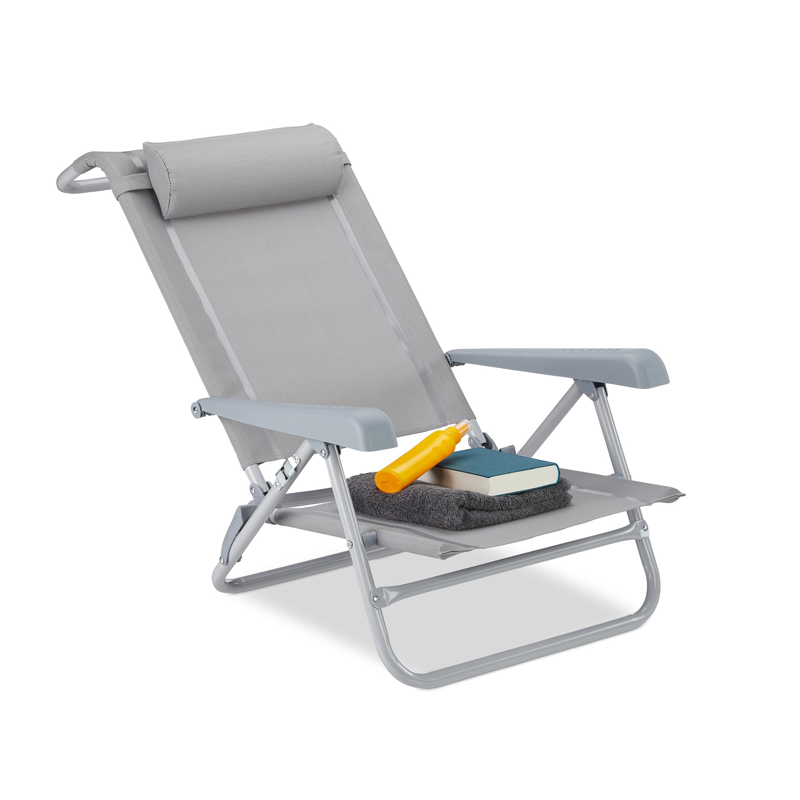 relaxdays-liegestuhl-klappbar-grau-mit-nackenkissen-und-flaschen-ffner image 1