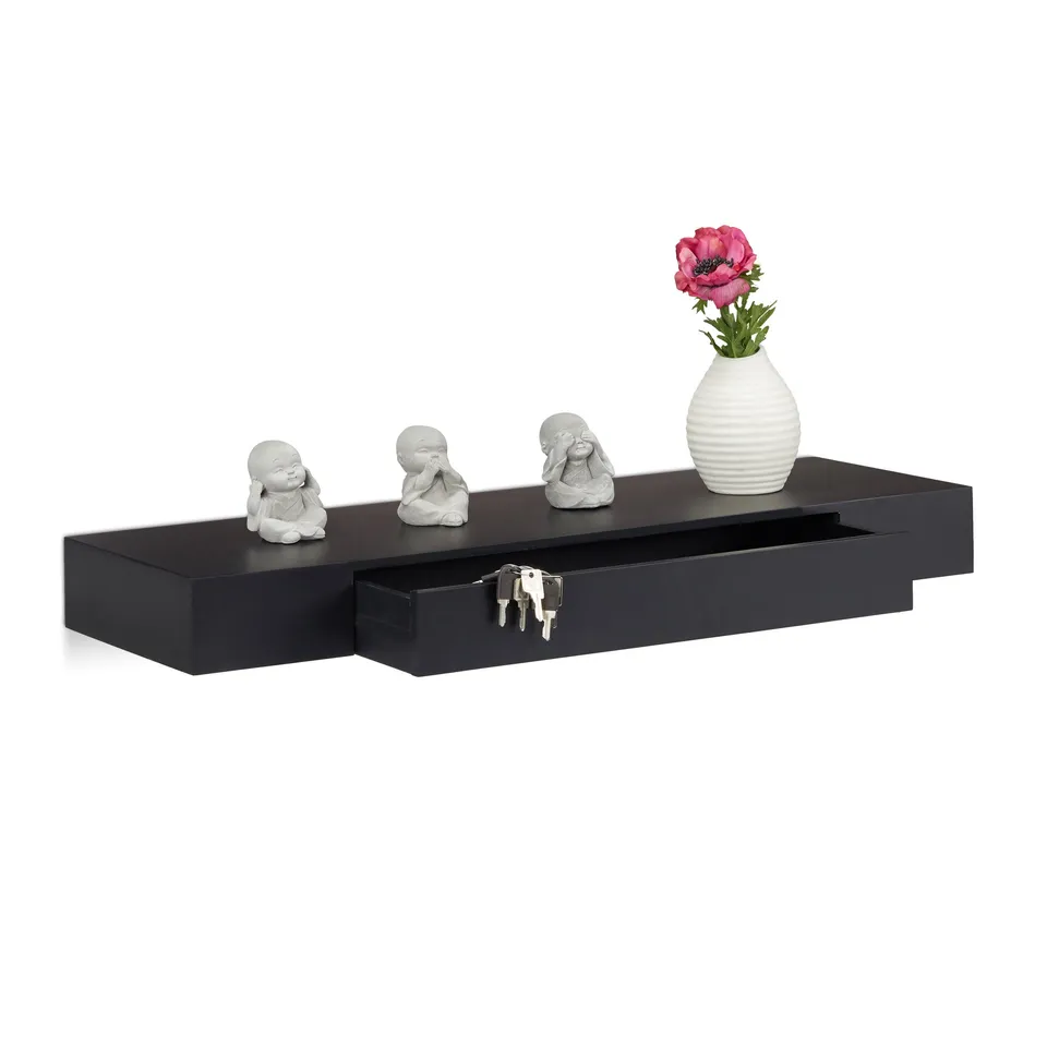 relaxdays-wandregal-mit-schublade-25-cm-tief-schwarz-schweberegal-mdf image 1