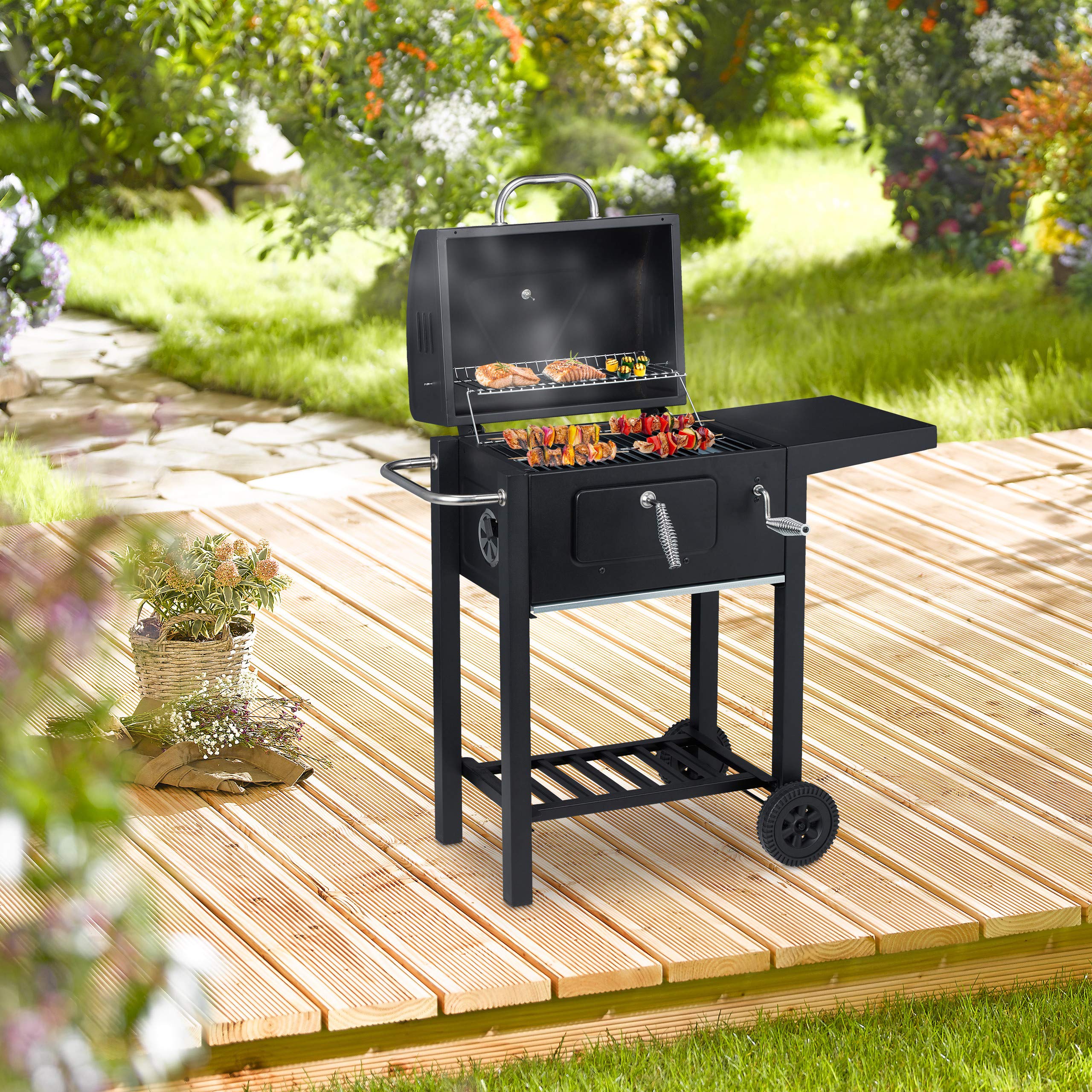 relaxdays-holzkohlegrill-grillwagen-bbq-smoker-schwarz-mit-deckel image 2