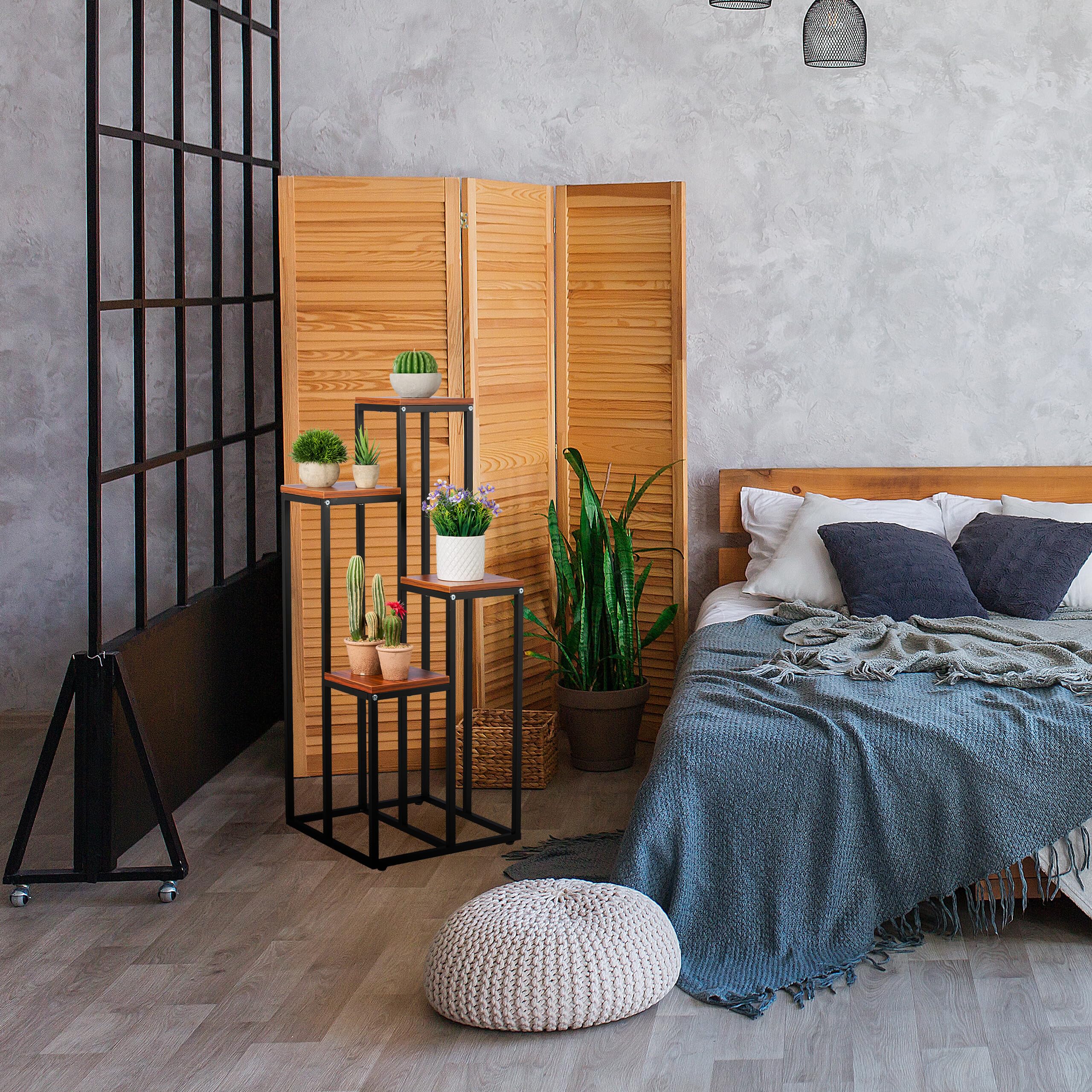 relaxdays-blumentreppe-4-ablagen-schwarz-braun-stahl-mdf-100x40x40-cm image 2