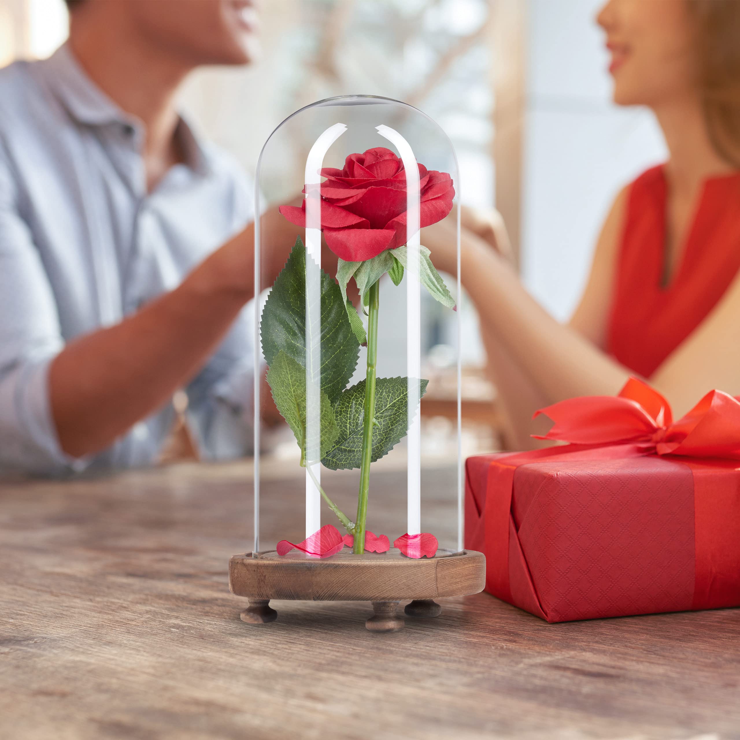 relaxdays-ewige-rose-im-glas-kunstrose-rot-auf-holzsockel-mit-geschenkbox image 2